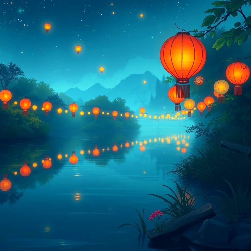 Lanterns Reflect on Calm River at Night