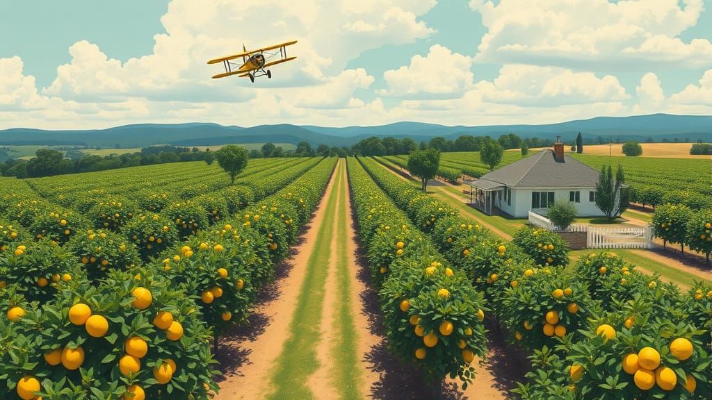 Lemon Orchard Scene with Biplane in Gouache Style