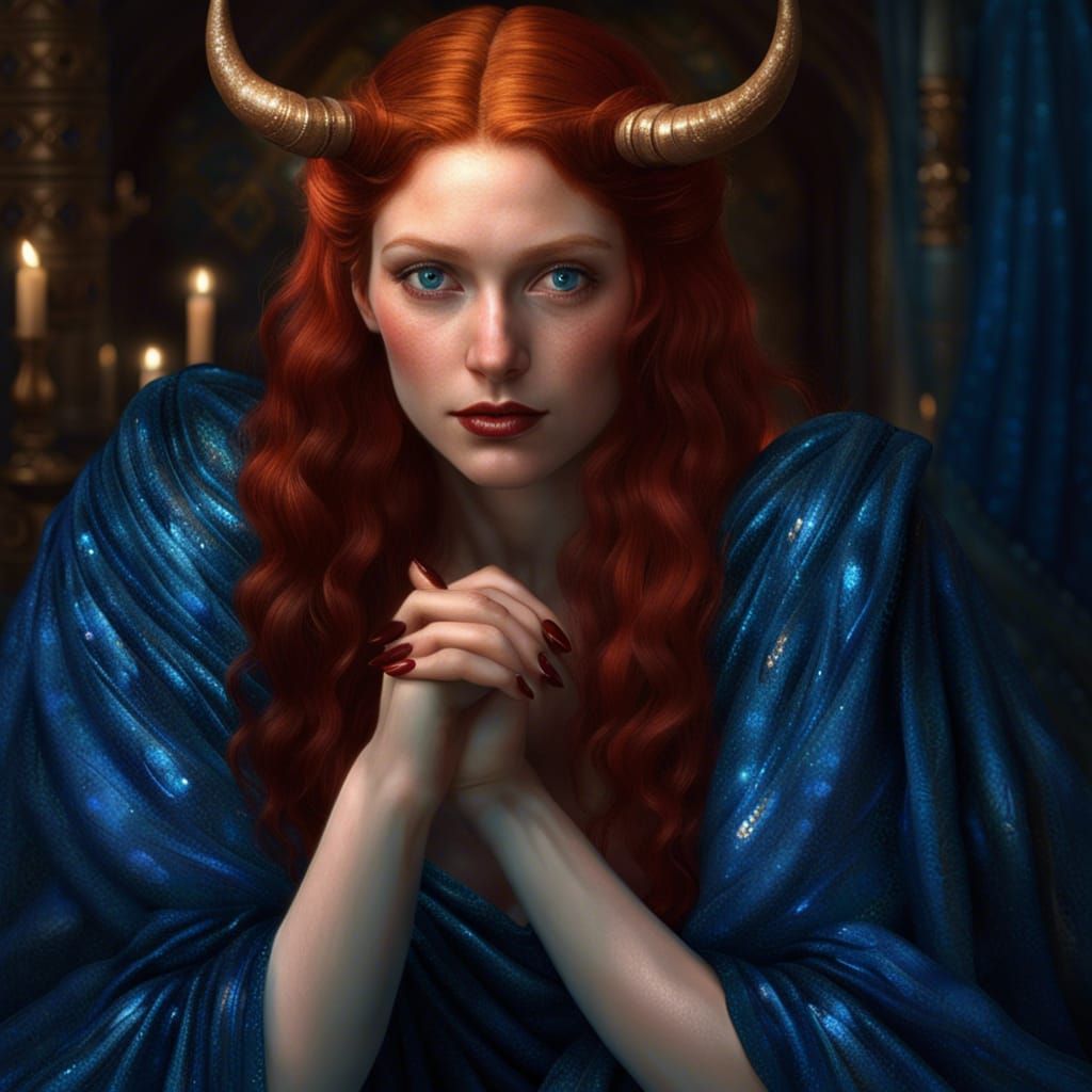 Ginger Girl with Horns and Wings in Pre-Raphaelite Style