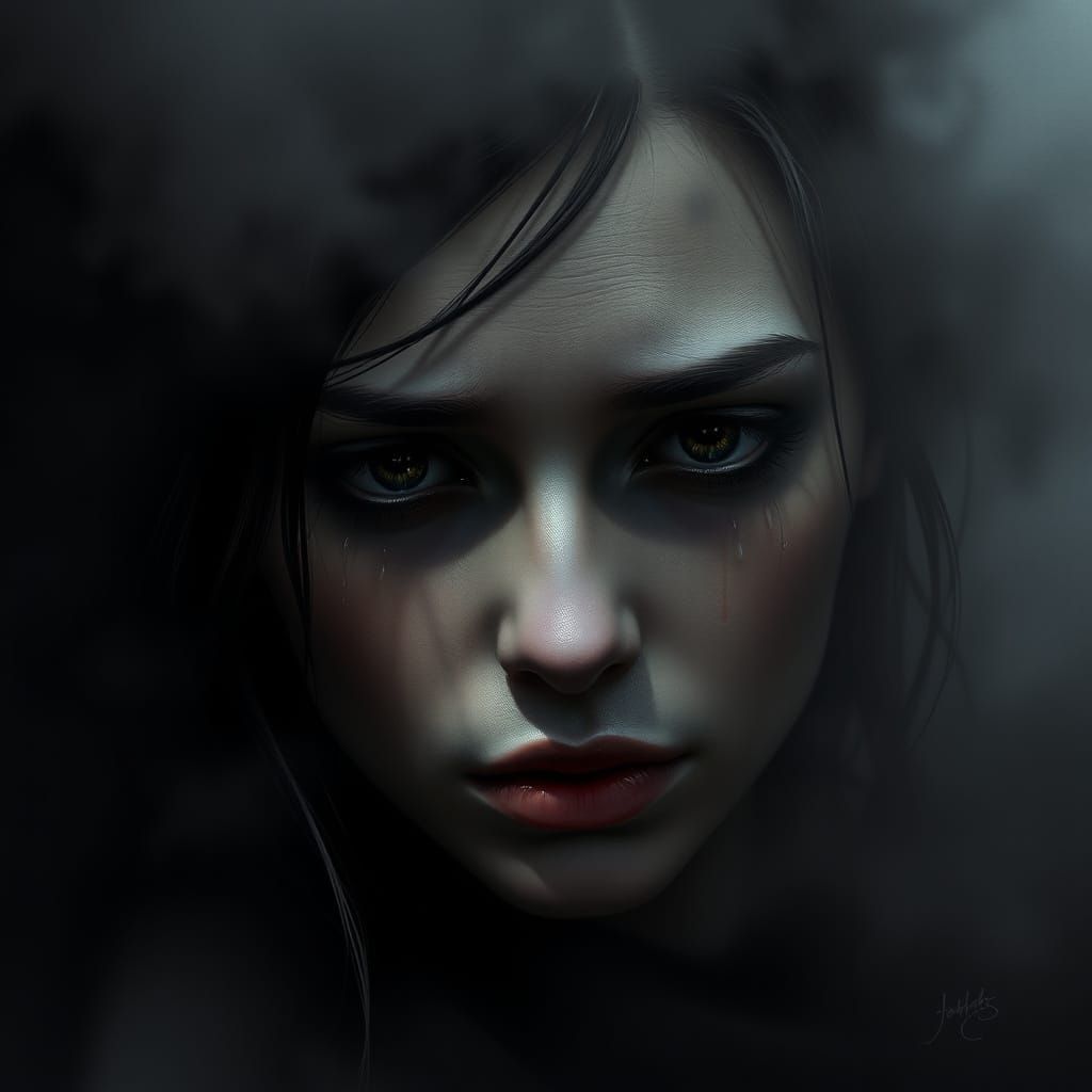 Sorrowful Female Face in Haunting Black and White Fog