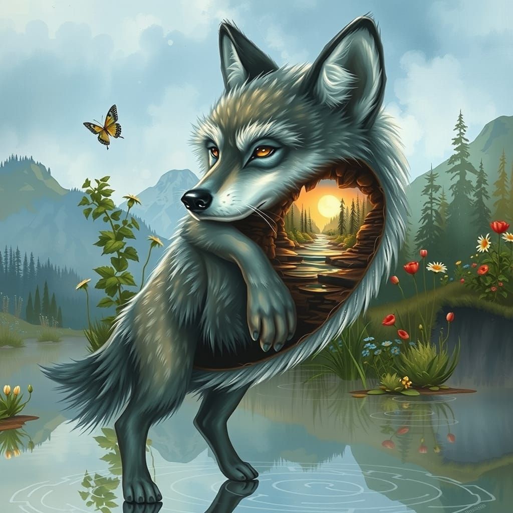 Majestic Gray Wolf Enchanted by Miniature Lake Scene