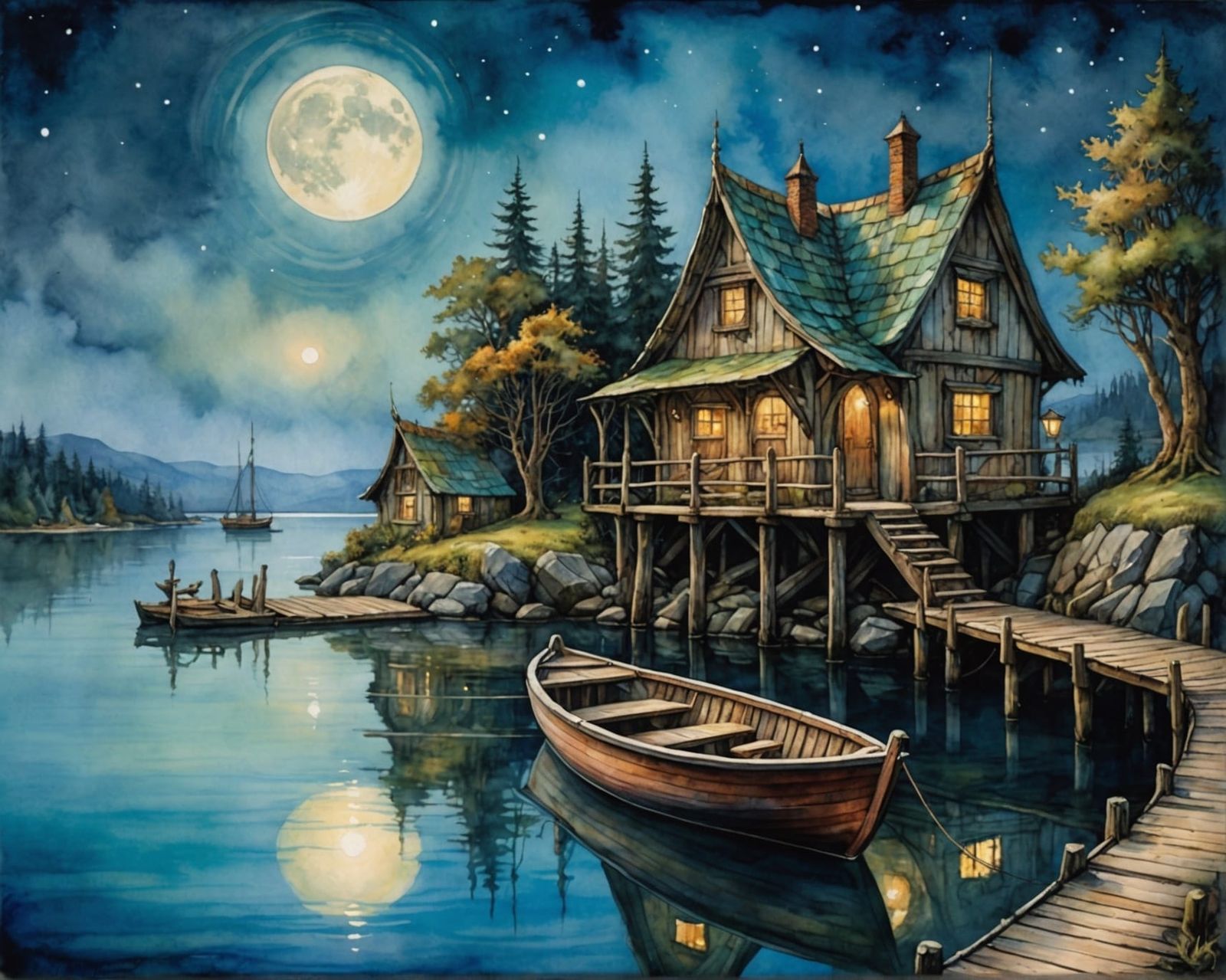 Charming Fairy Village: Watercolor Boat on Pier