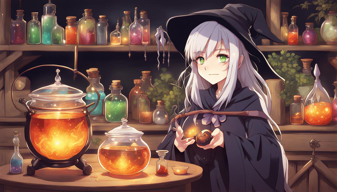 Anime-Style Witch Brewing Potions with Magic Cauldron