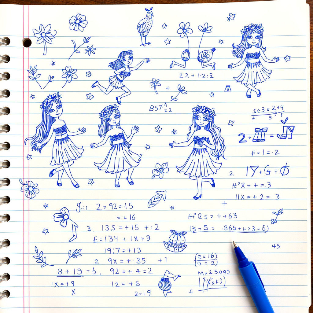 Blue Ink Hula Girls: Whimsical Schoolboy Doodles
