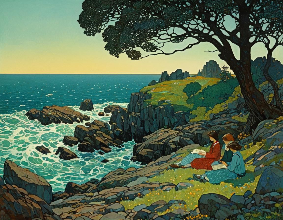 Intricate Picnic Scene on Rocky Island