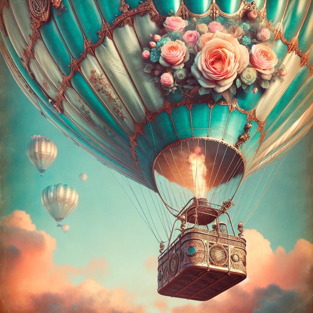 Vintage Hot Air Balloon Ascends in a Turquoise Steampunk Sky