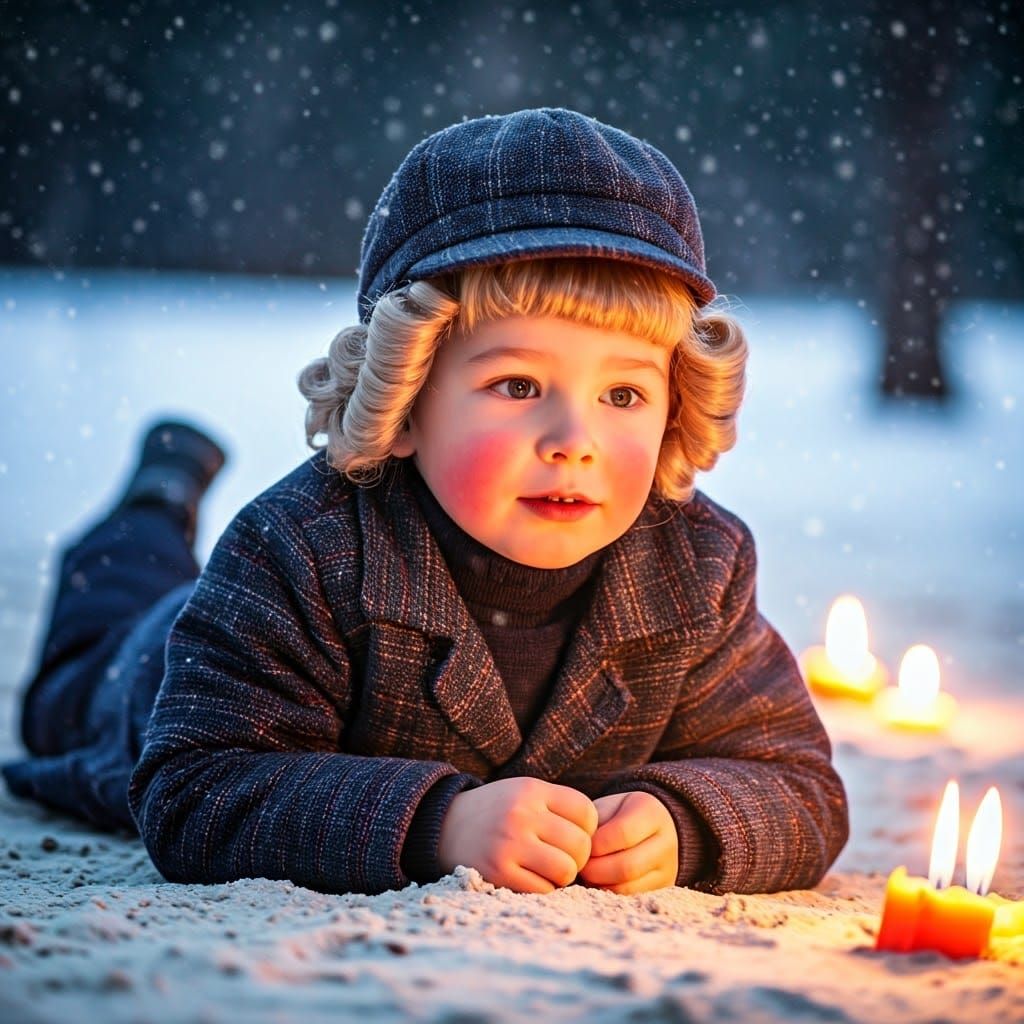 Orthodox Boy with Candles in Winter Snow