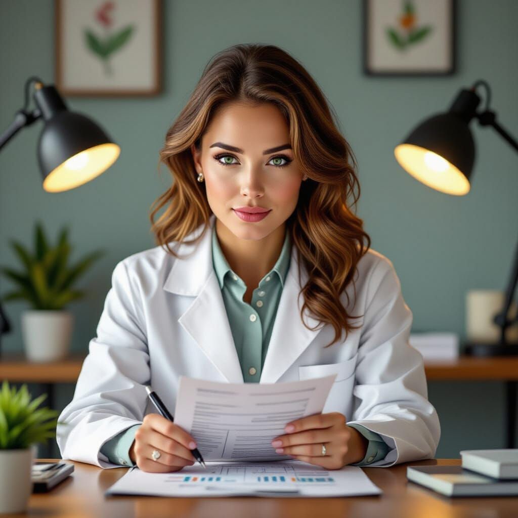 Woman Scrutinizing Chart in Home Office Clinic