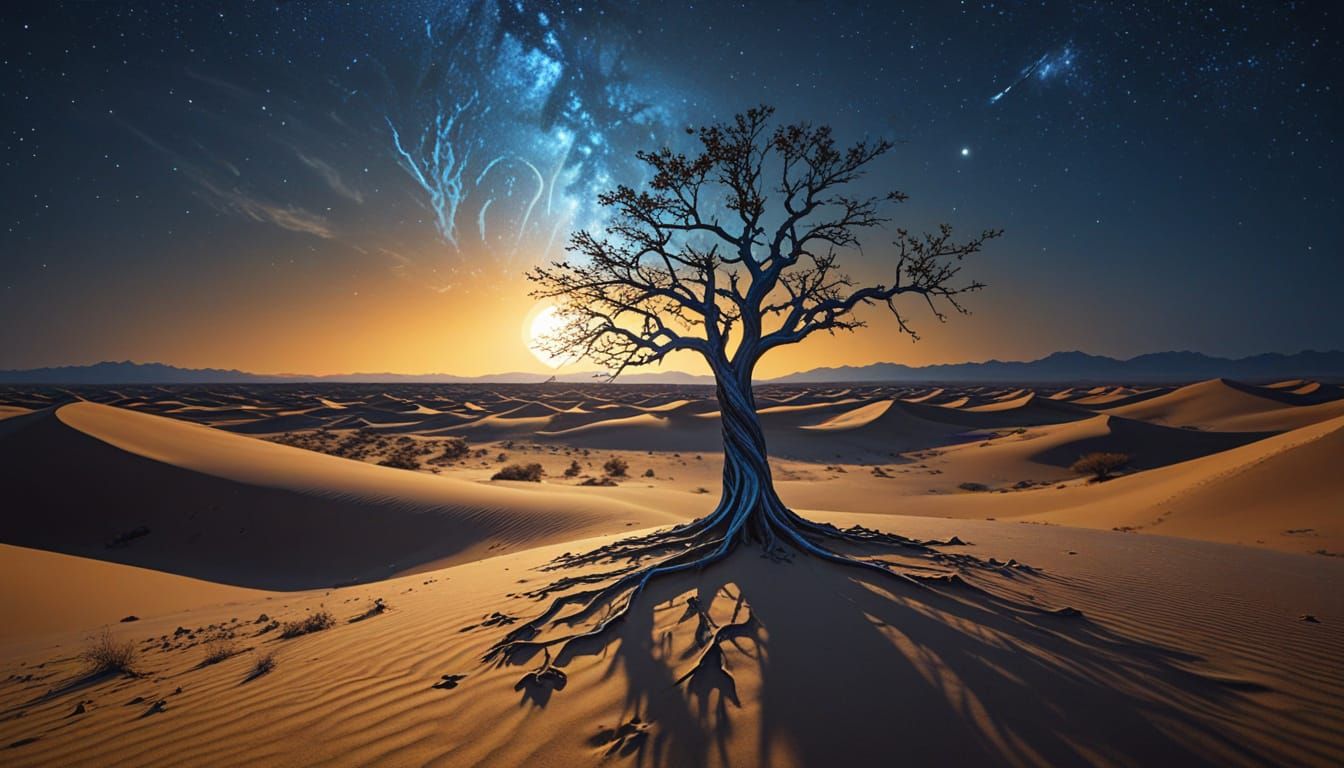 Luminous Silver Tree in Surreal Desert Landscape