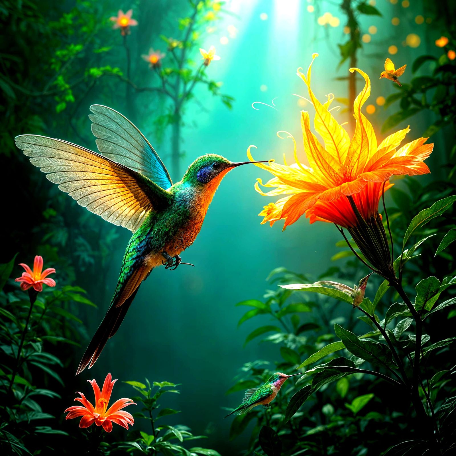 Biomechanical Hummingbird Sipping Nectar in Alien Jungle