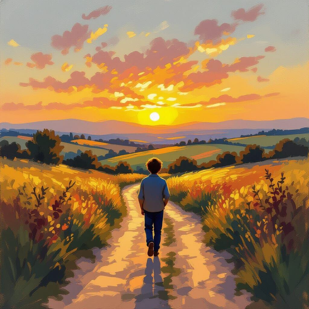 Boy Walks Hopeful Path Towards Vibrant Sunset in Impressioni...