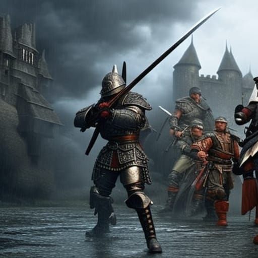 Medieval Knight Fighting Army: Hyperrealistic CGI Painting