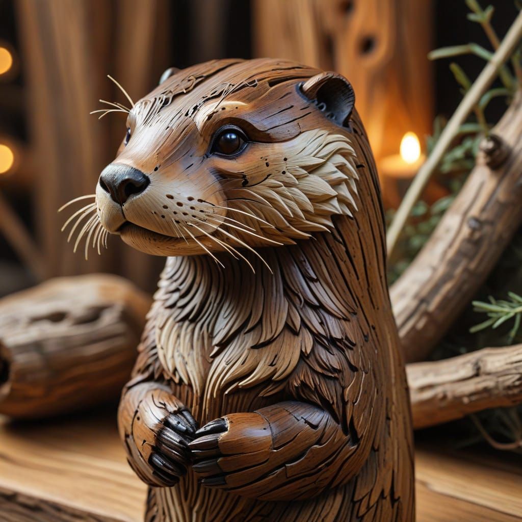Whimsical Otter Woodcarving in Folk Art Style