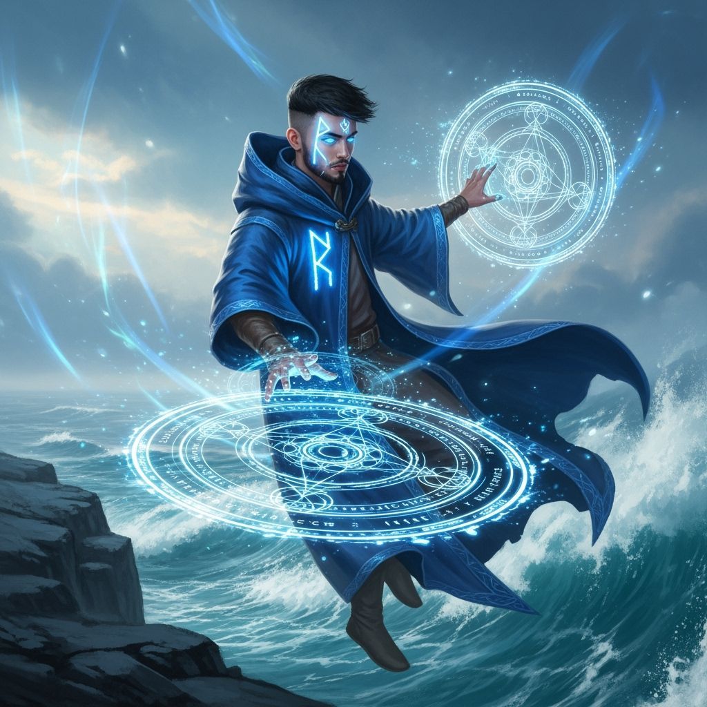 Mage Casting Spell Over Turbulent Sea in Fantasy Art Style