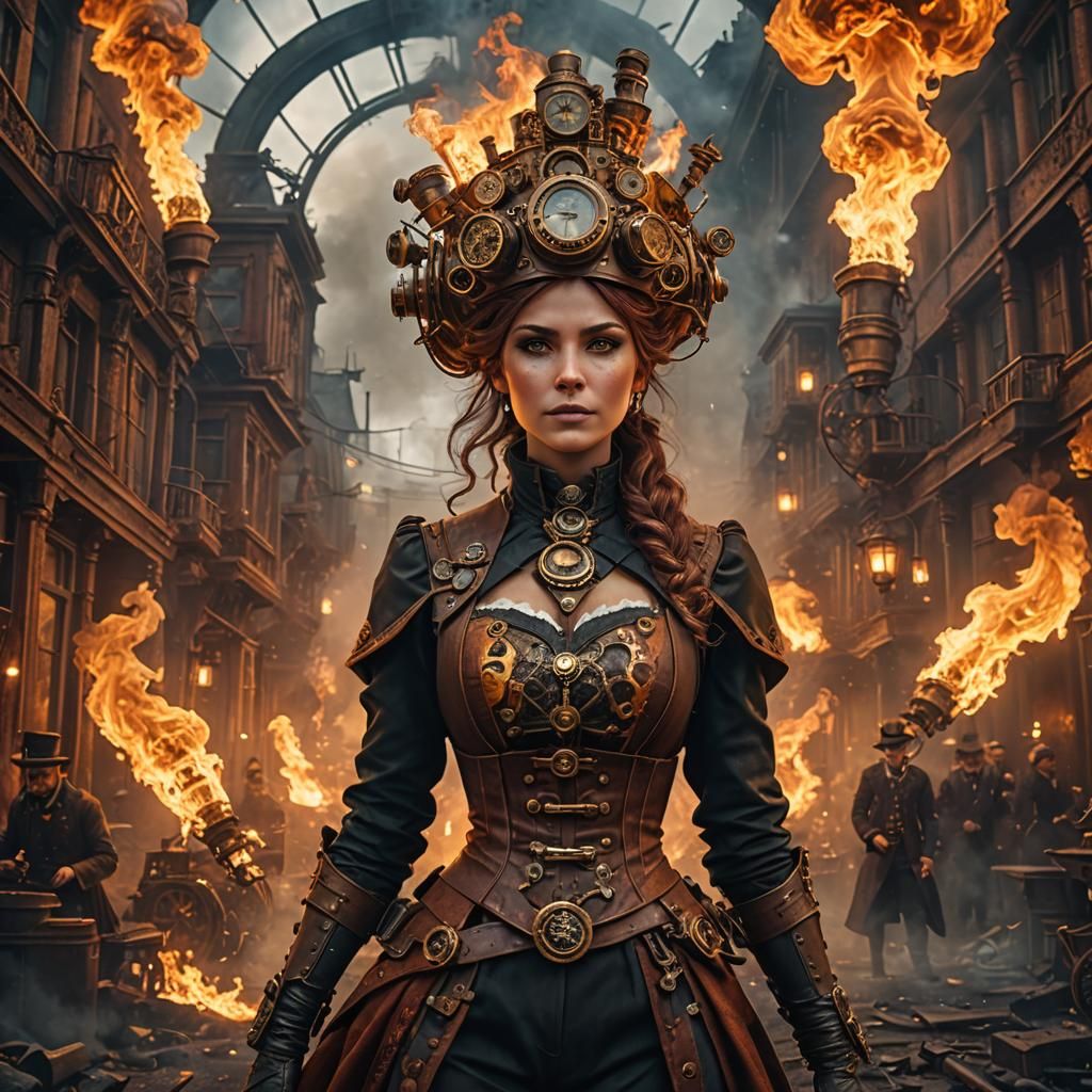 Steampunk Woman Ablaze: Detailed Matte Painting