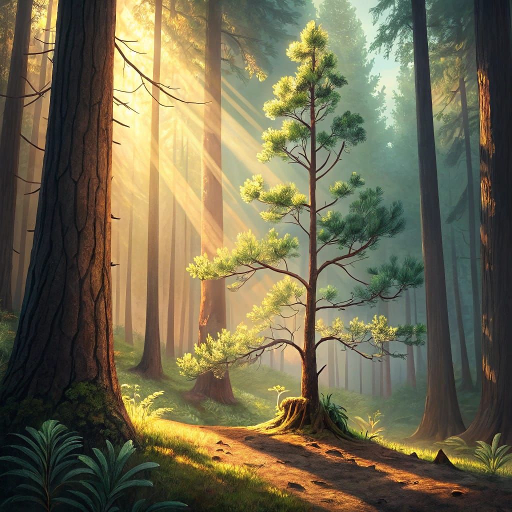 Ethereal Pine Sapling in a Majestic Forest Glows with Hope a...