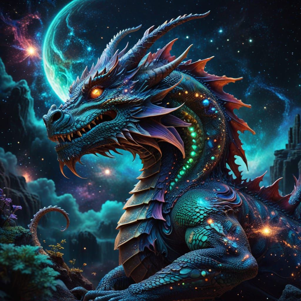Ornate Dragon in a Psychedelic Starry Dreamscape
