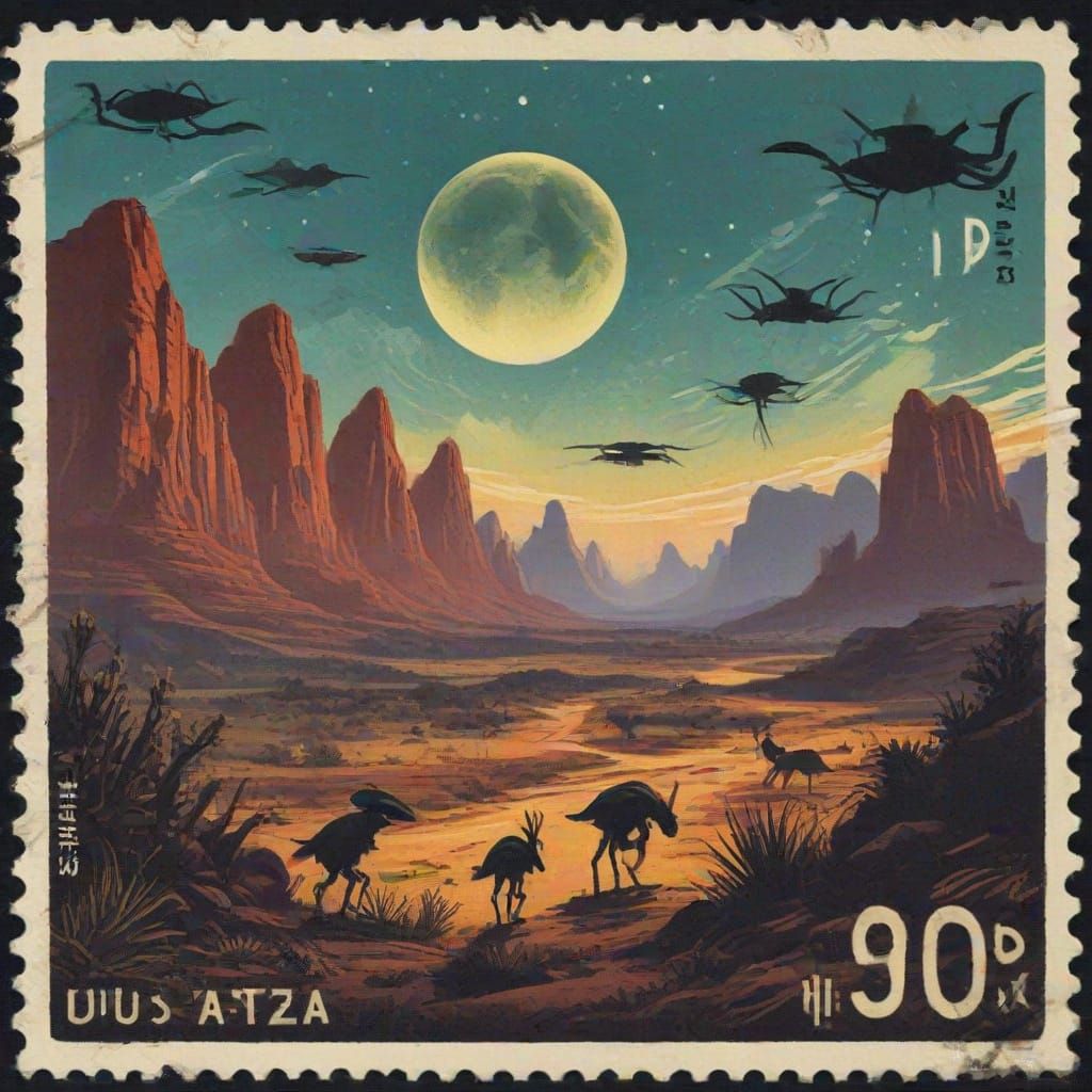 Alien World Depicted on Vintage Block Print Postage Stamp