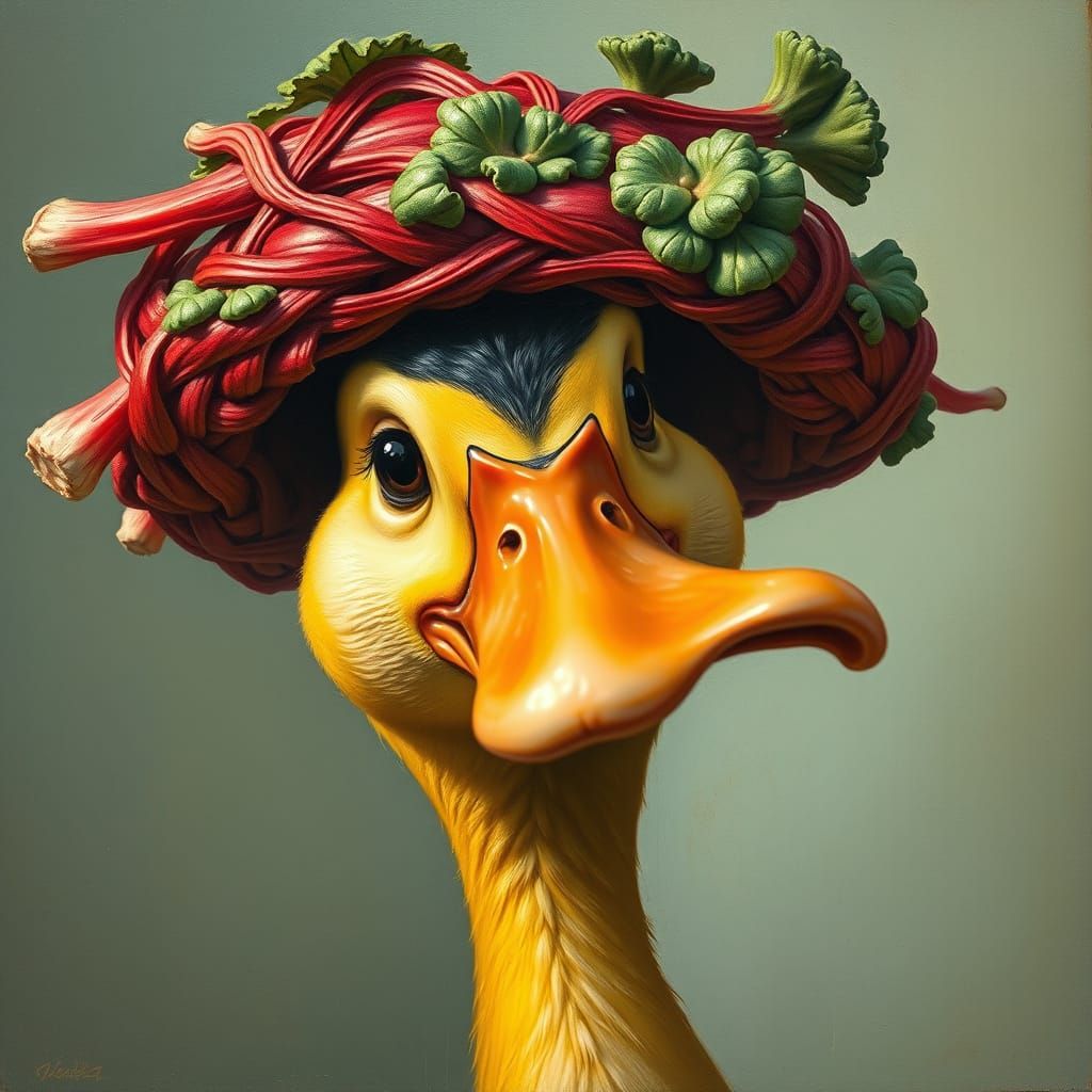 Whimsical Duck Wearing Intricate Rhubarb Hat