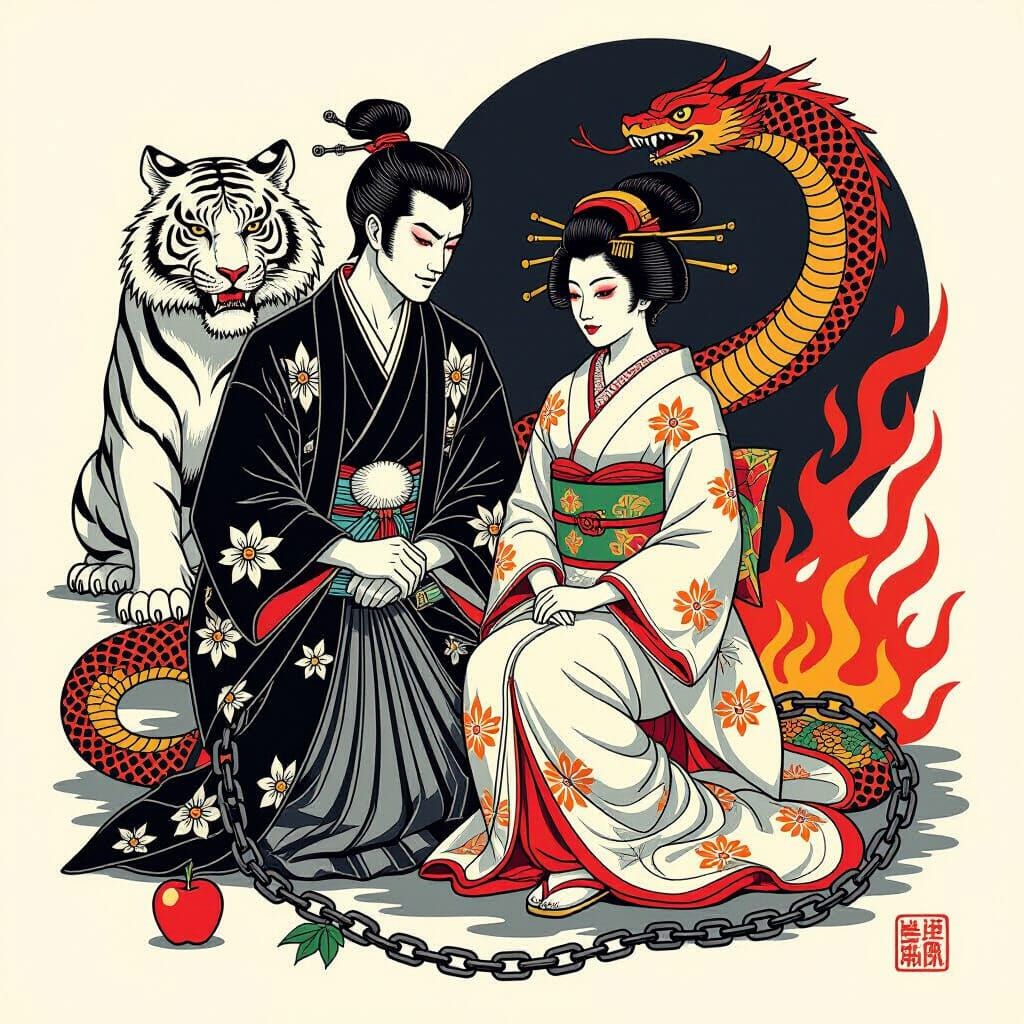 Japanese Tattoo Art: Chained Figures and White Tiger