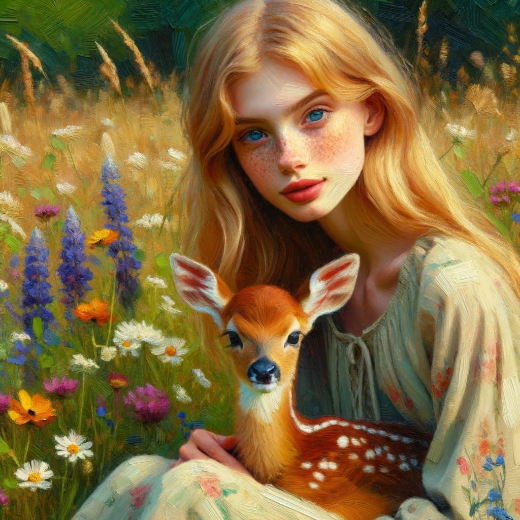 Impasto Portrait of Young Woman Cradling Fawn in Vibrant Fie...