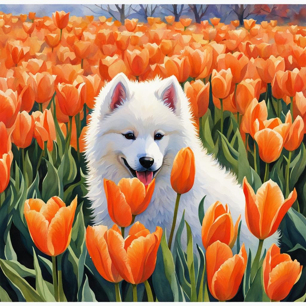 Samoyed Puppy in Orange Tulips, Watercolor Style