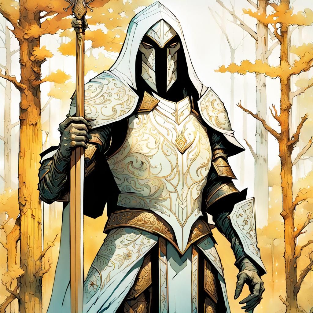 Druid Knight in White Forest: Digital Art
