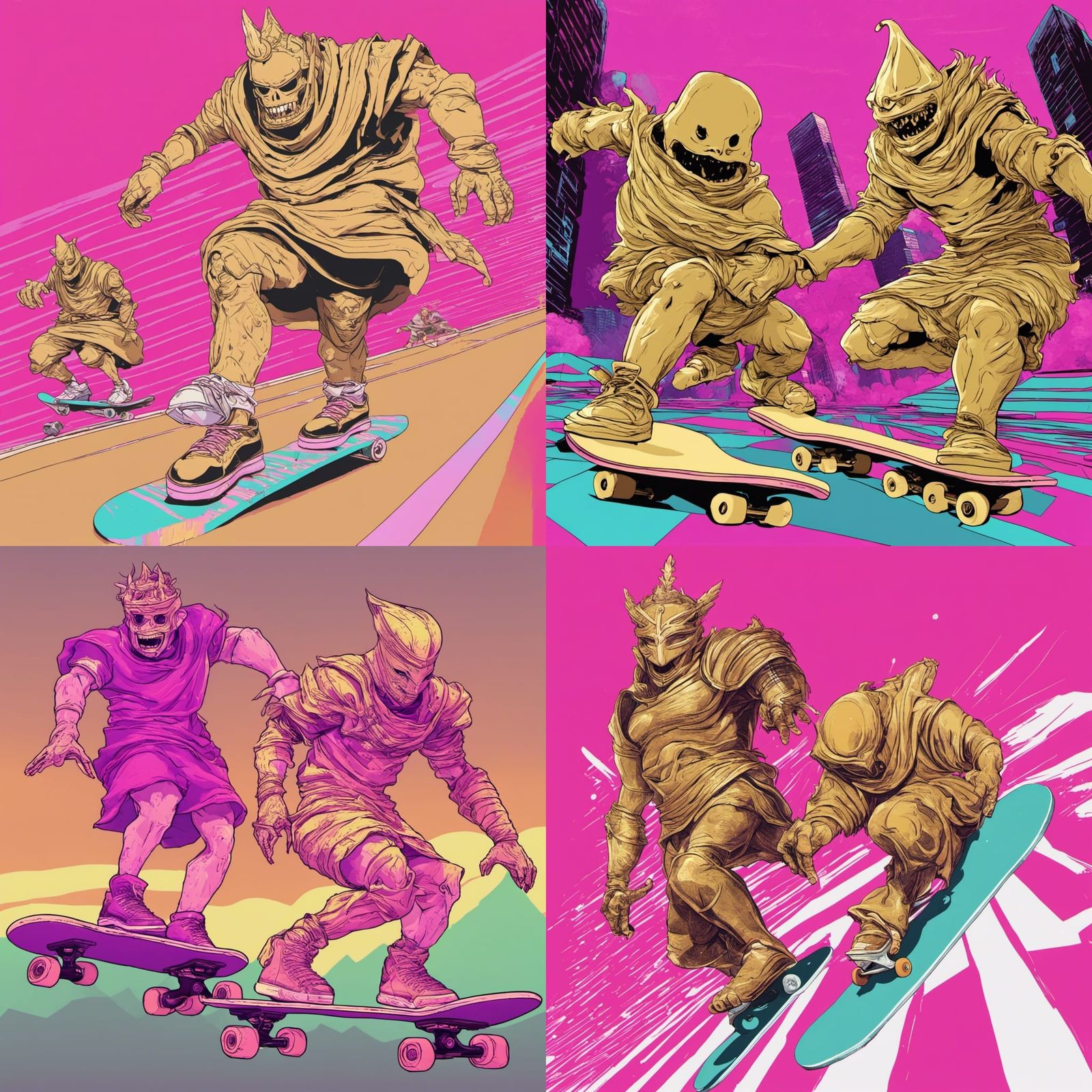 Ornstein and Smough Skateboarding in Vaporwave Style
