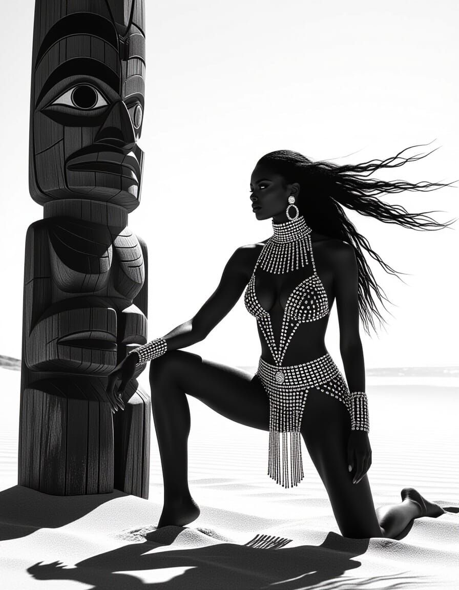 Native Woman in Beaded Bodysuit, Monochrome Glamour