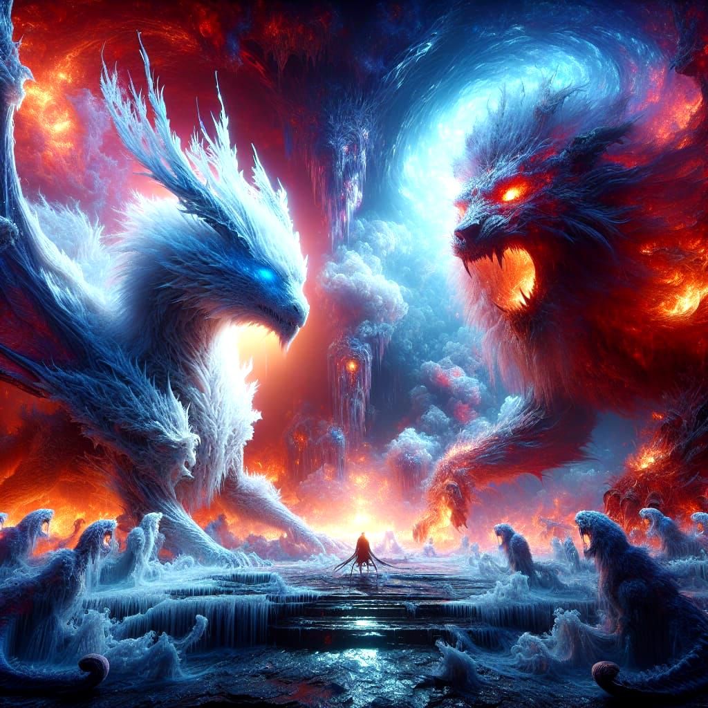 Angelic Dragon vs Demonic Lion in Dark Fantasy Art