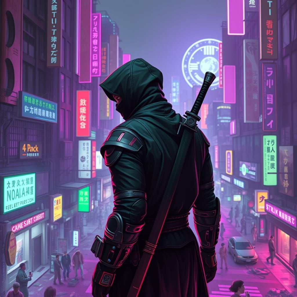 Cybernetic Warrior Surveys a Futuristic Metropolis