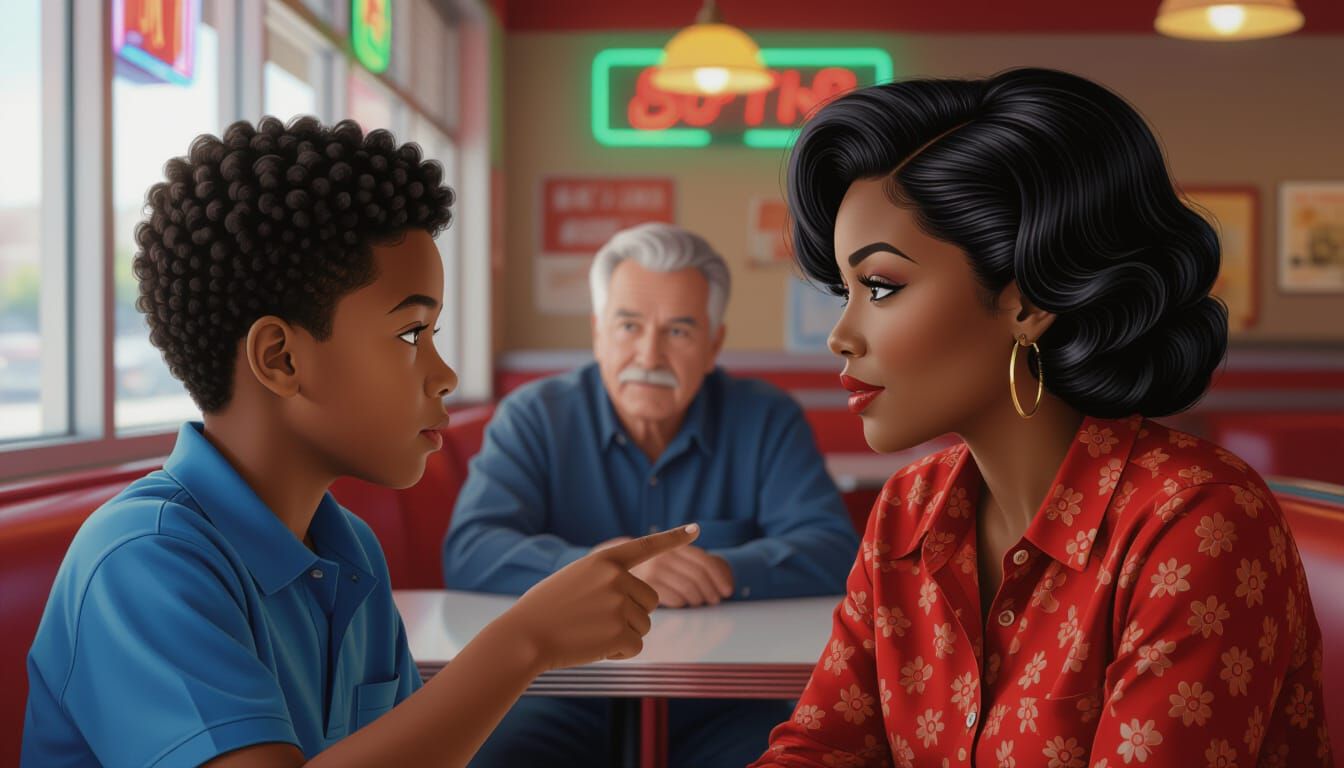 Black Boy Points at Woman in Diner Scene