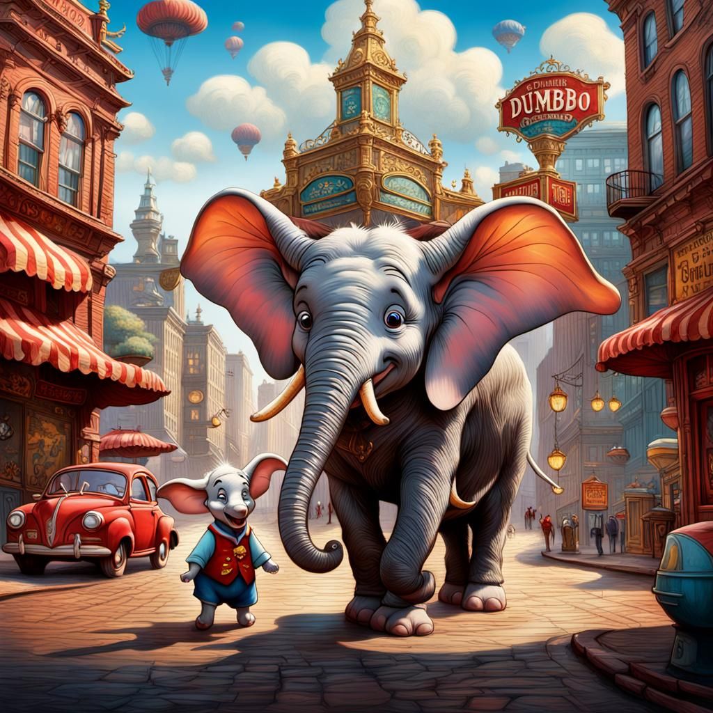 Dumbo, the famous elephant, interacts with a whimsical goat