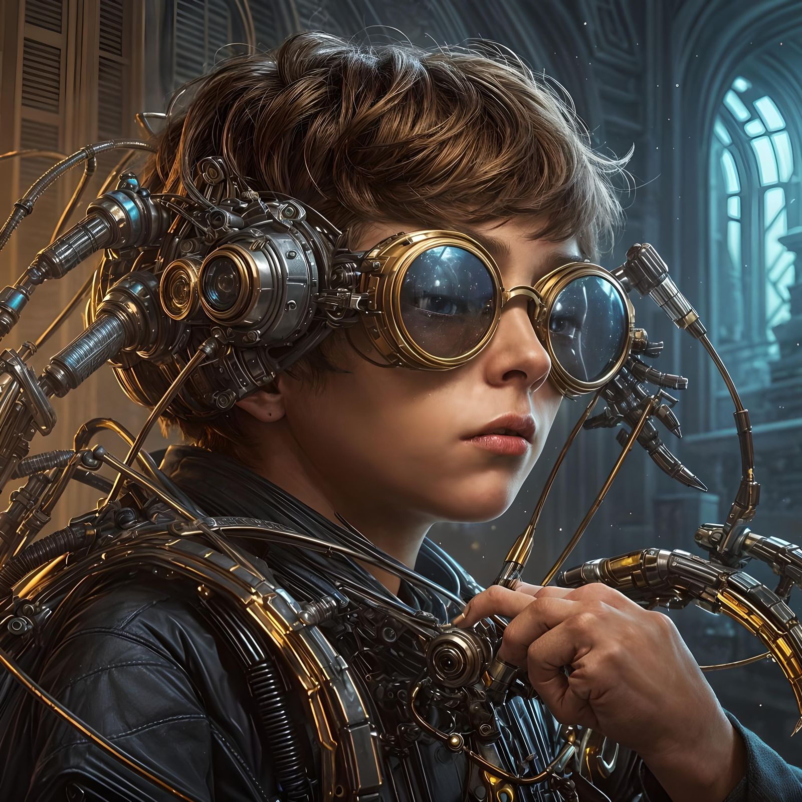 Boy with Cyber Glasses and Mechanical Spiders