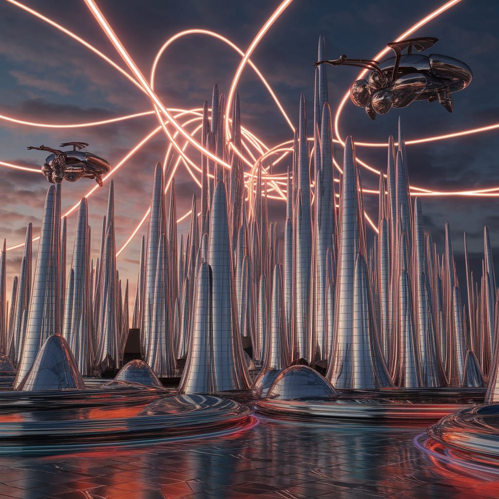 Retro-Futuristic Cityscape at Dusk with Neon Energy Conduits
