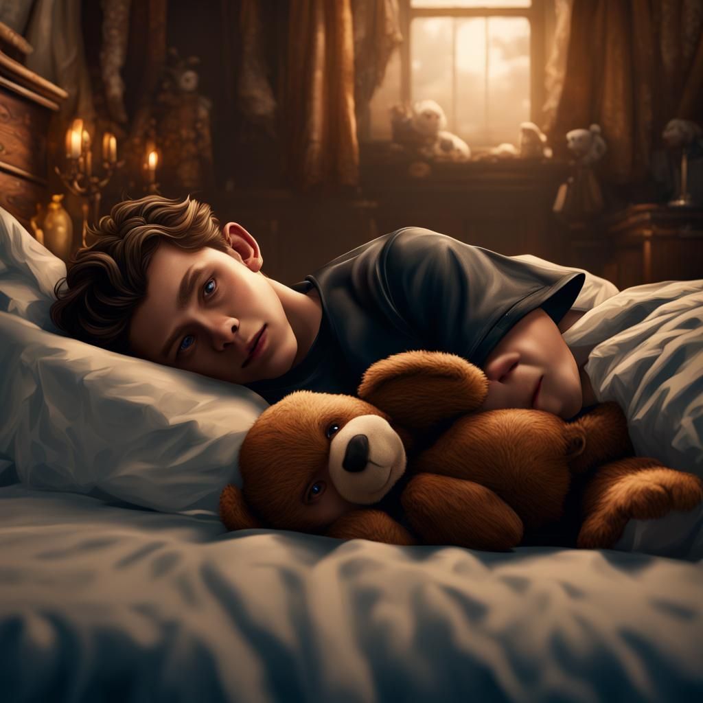 Tom Holland Asleep with Teddy Bear: Detailed Digital Art