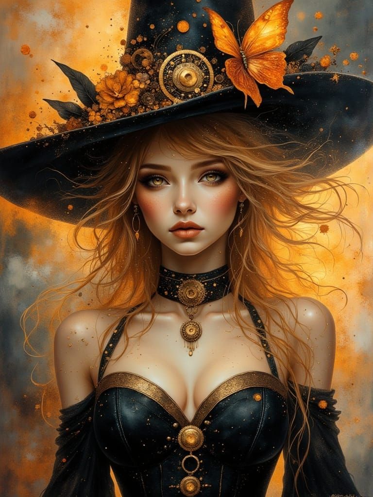 Steampunk Witch with Gears and Glowing Lanterns