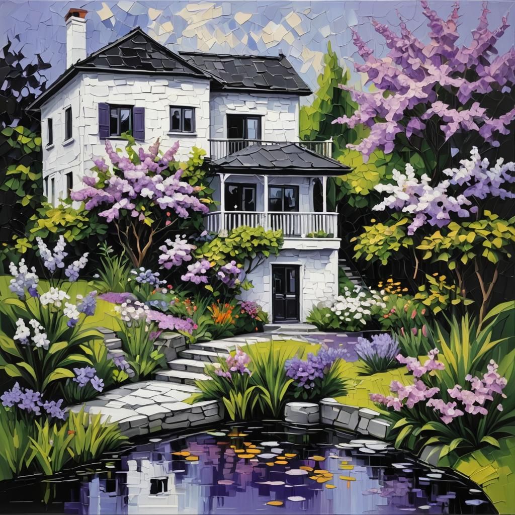 Black and White Impasto Home with Lilac Flower Pond