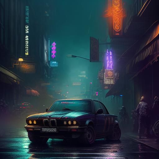 Neon Noir: BMW in Dark Fantasy Cityscape