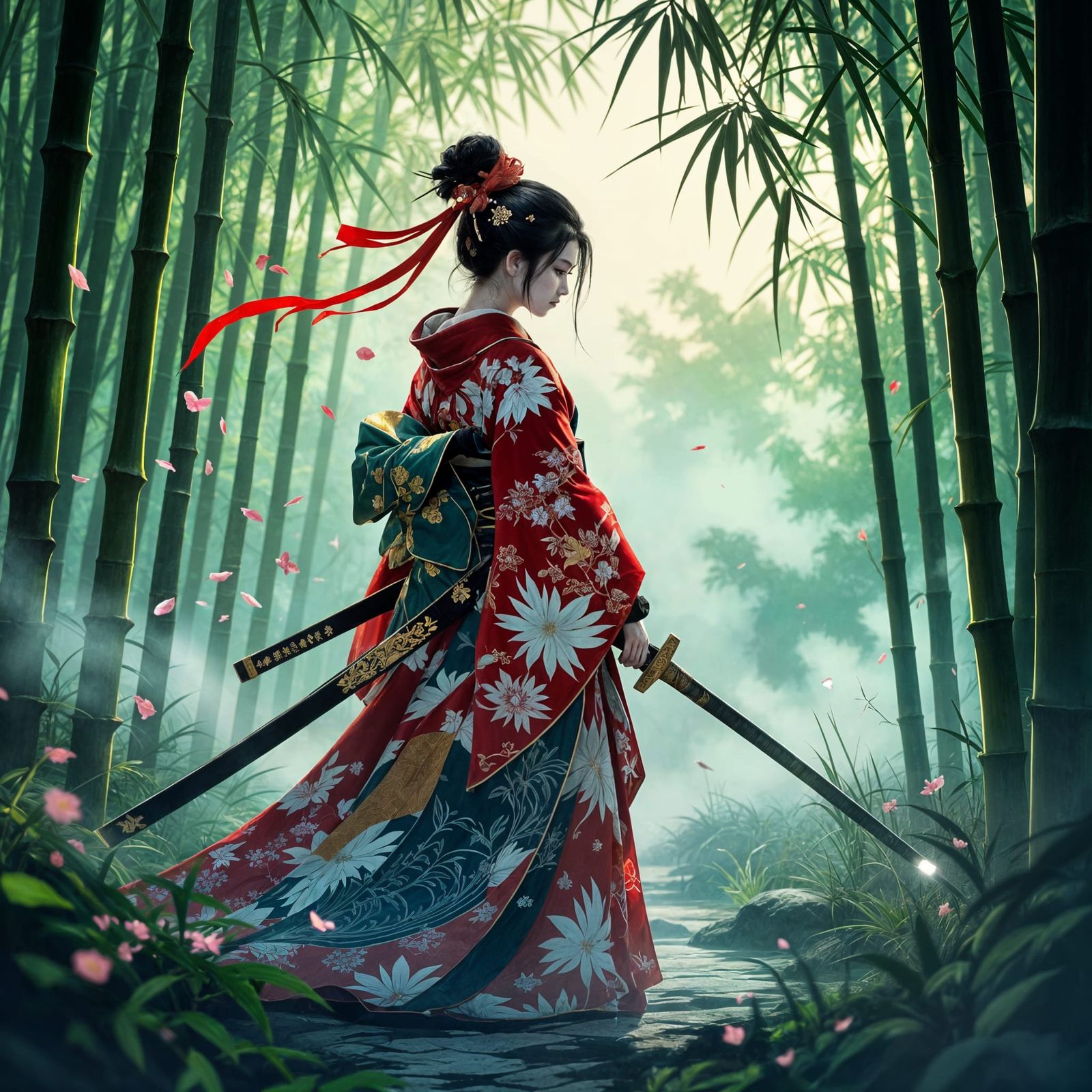 Samurai in Bamboo Forest, Ukiyo-e Fantasy Style