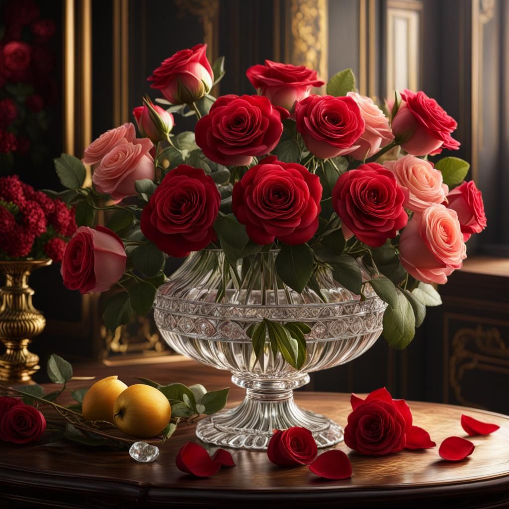 Crystal Vase Still Life with Roses: Classic Elegance