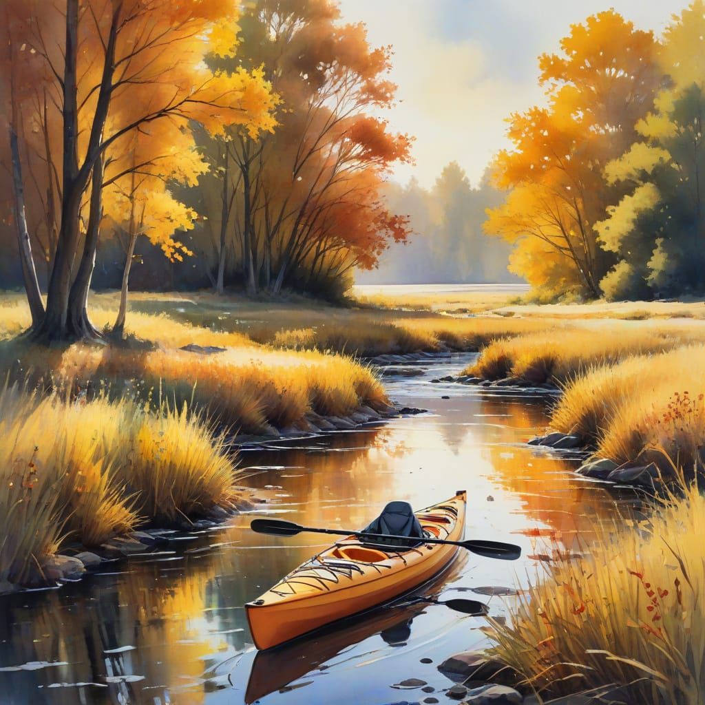 Autumn Sunset Stream with Kayak in Watercolor Style