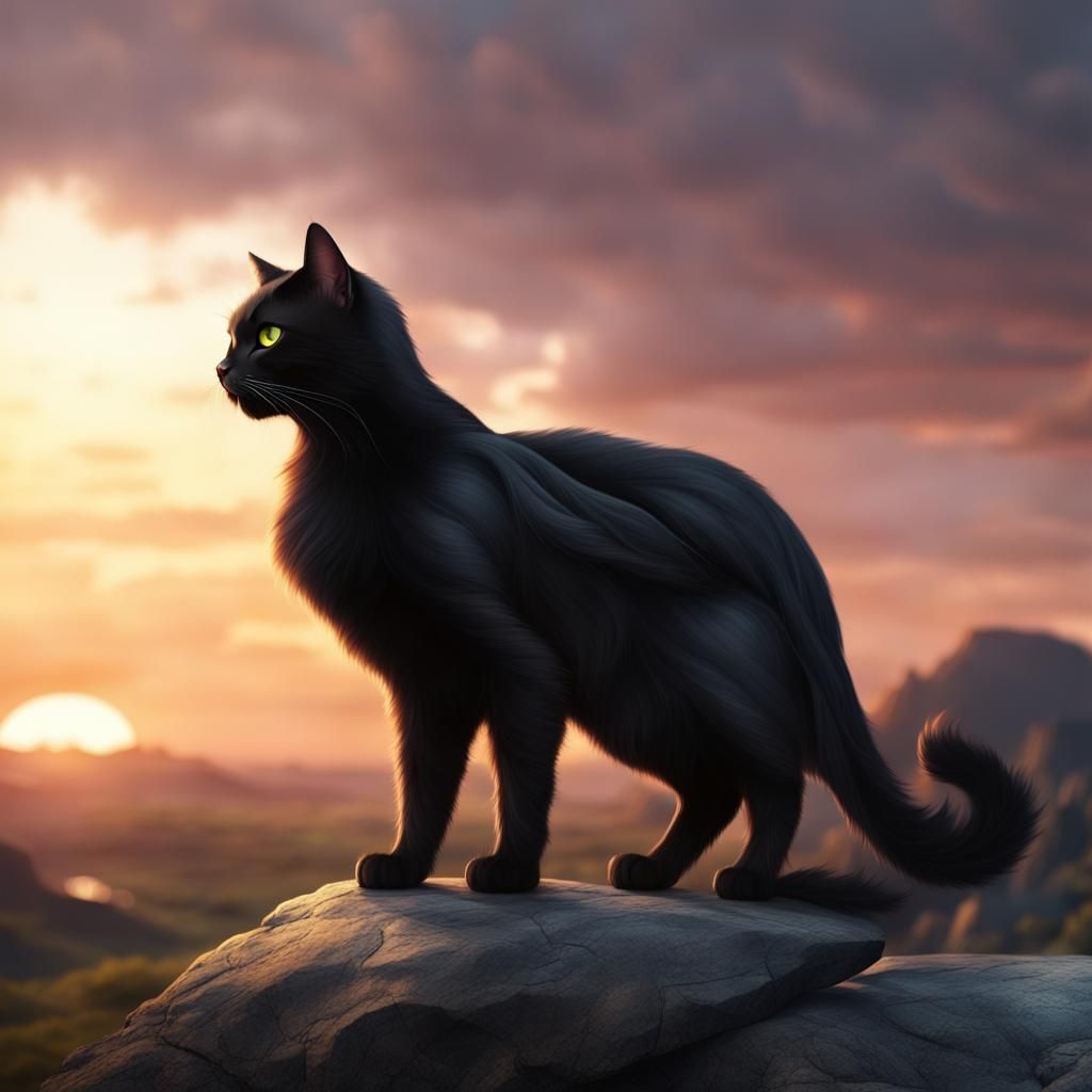 Black Cat Warrior in Fantasy Landscape