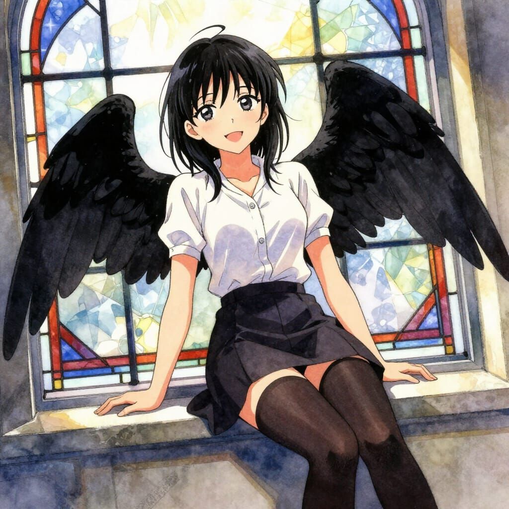 Anime Angel Girl Smiling by Stained Glass Window