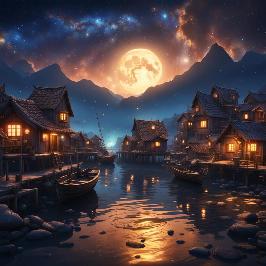 Starry Night Sky Over Fishing Village: Detailed Matte Painti...