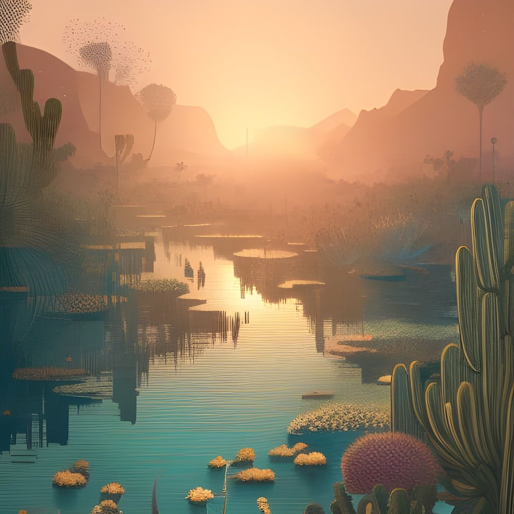 Desert Oasis River at Golden Hour: Digital Art