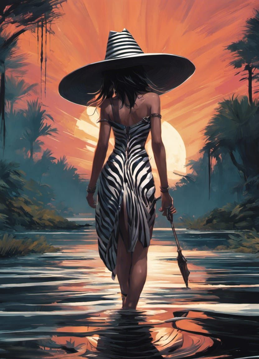 Zebra Dress Water Witch in Cyberpunk Art Style