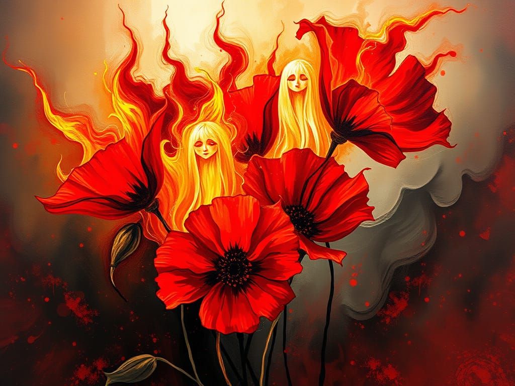 Fiery Abstract Poppies in a Surrealist Style