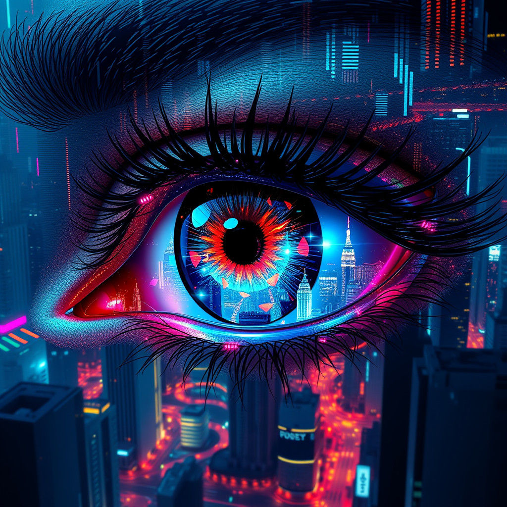 Vibrant Eye Reflecting Futuristic Cyberpunk Cityscape