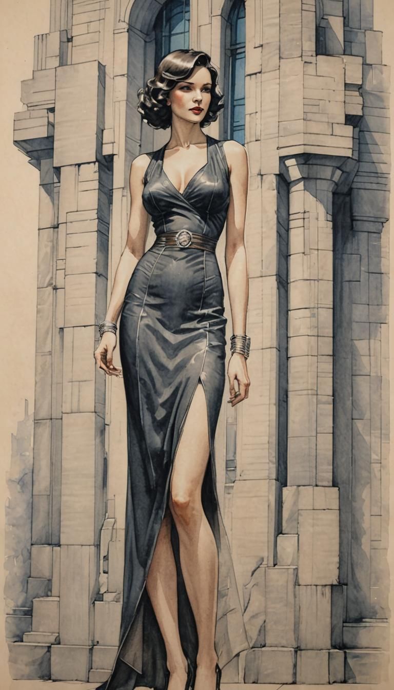 Art Deco Architect's Sketch of Brunette Woman